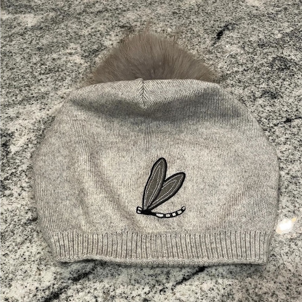 New Custom Designed Gray Pom Beanie with Dragonfly